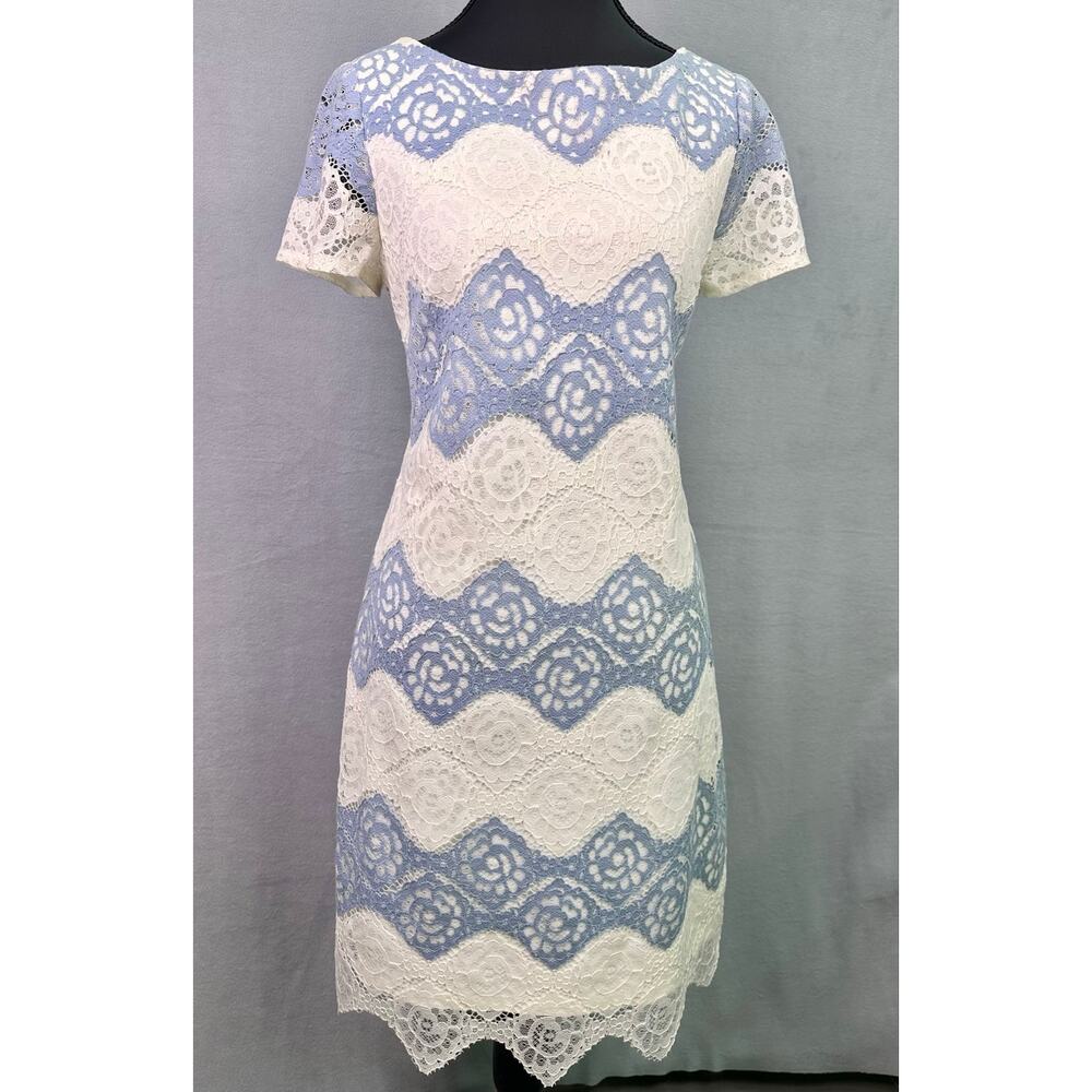 London Times Blue White Lace Sheath Dress Elegant Floral Crochet Overlay Size 6 - Picture 2 of 12